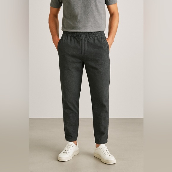 Folk textured linen cotton blend charcoal pull on pants
